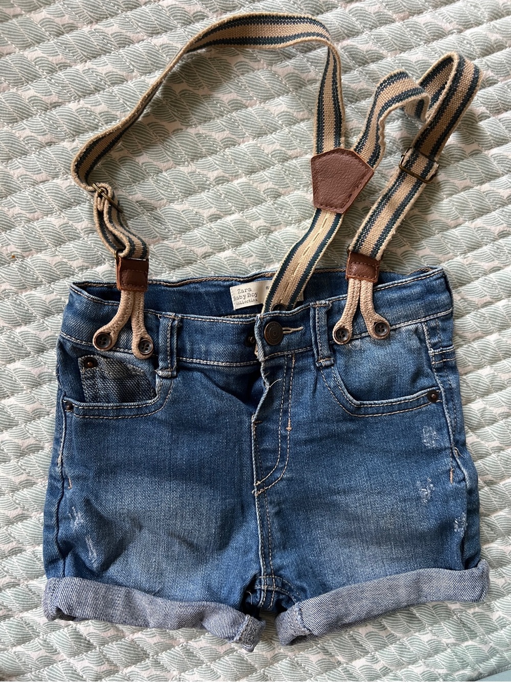 Zara Jean Shorts with Tan & Navy Striped Suspenders Size 12-18 Month